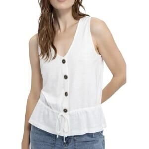 Sanctuary Heartstrings White Button Front Tank XL Ruffle Hem Drawstring Boho